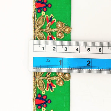 Green Art Silk Trim In Red And Gold Embroidery, Approx. 32mm wide, Decorative Trim